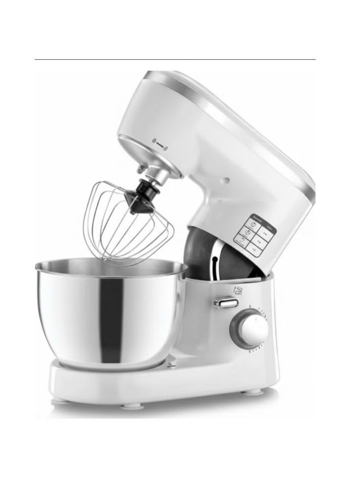 خلاط كهربائي متعدد الوظائف مزود بوعاء من الفولاذ المقاوم للصدأ وملحق للخفق - سعة 5 لتر/6 لتر، أبيض/فضي